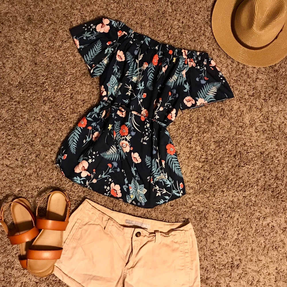 Navy & Blush Floral Off the Shoulder Blouse